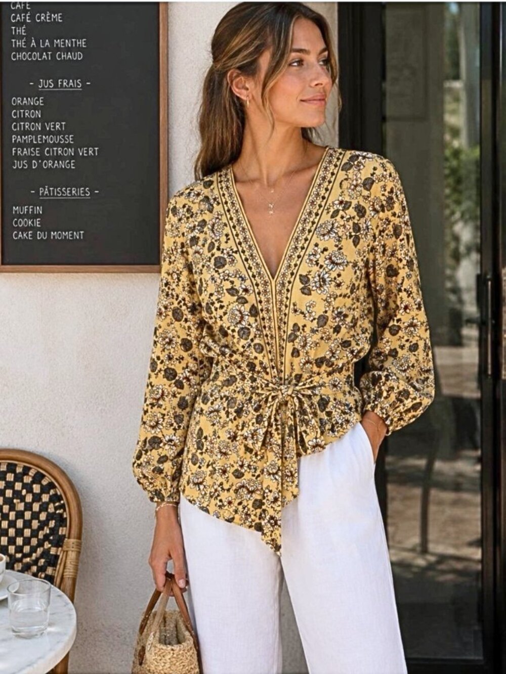 Max Studio Butter Yellow Floral Peplum Tie Waist Blouse L Boho